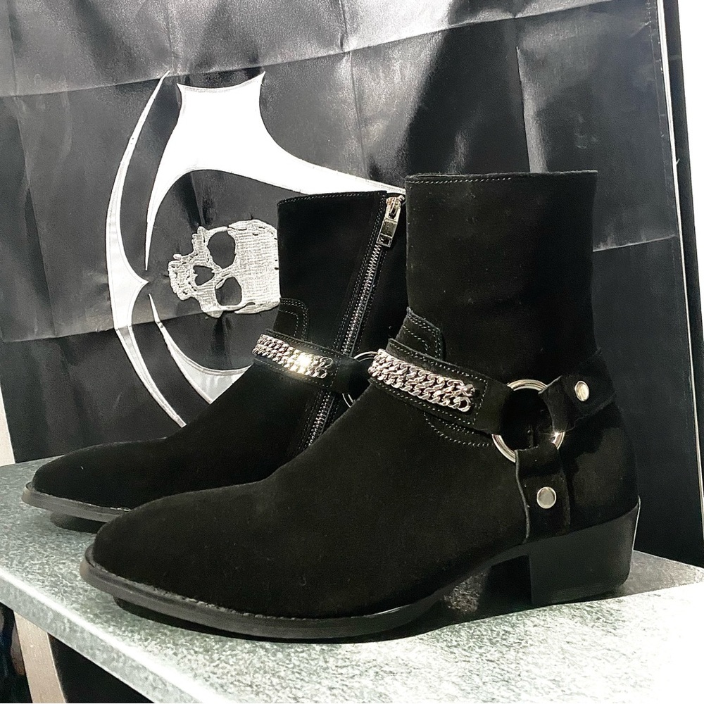 Black Suede Leather Heeled Harness Boots (Saint Laurent Style)